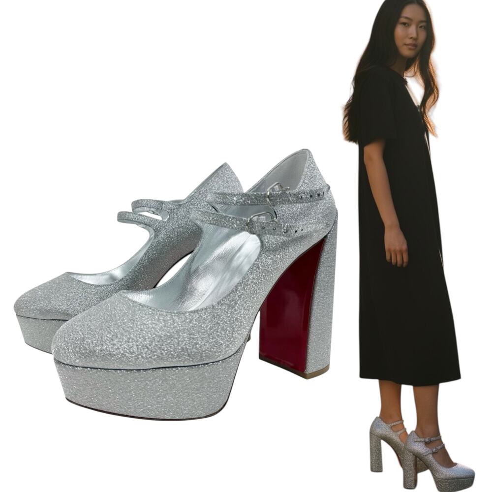 New Christian Louboutin Movida Jane Glitter Platfrom Pumps Silver Size 38.5